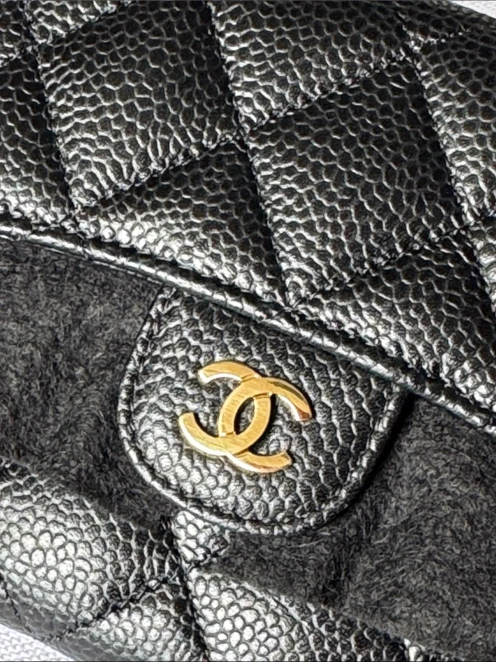 CHANEL Black Quilted Caviar Leather Wallet with Gold CC